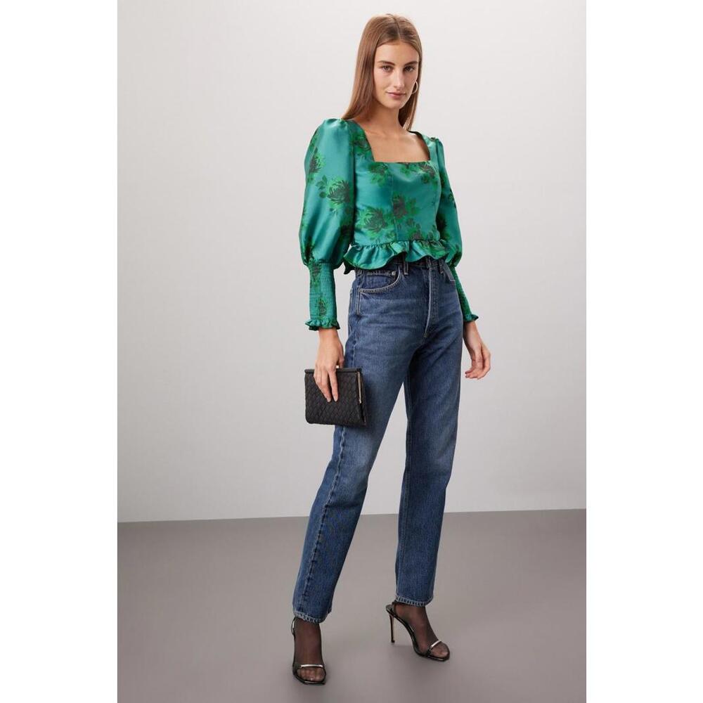 Peter Som x RTR Green Peplum Jacquard Top Size 10 with Fabric Pull Loose Stitch